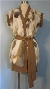 Dolce Cabo Camel Brown Multi Real Rabbit Fur Cable Knit Long Belted