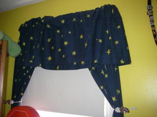 Navy blue with yellow stars Curtain and valence set with tie back