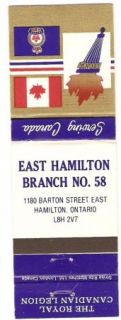  Legion Matchbook Cover Branch #58 East Hamilton Barton St Ontario