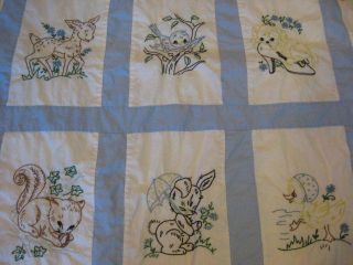  Made Embroidered Blue White Baby Quilt Kitten Dog Bear Lamb Duc