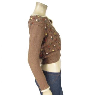 Vintage Edina Lena Wool Brown Crop Sweater s Diamond Hand Knit Flowers