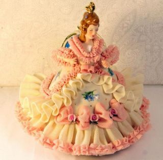 Antique Germany Dresden Porcelain Lace Figurine Victorian Lady Pink