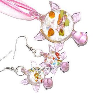 Pink Turtle Lampwork Murano Glass Necklace Earrings Set
