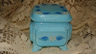 WESTMORELAND GLASS ANTIQUE BEADED BLUE HP AND SIGNED BY ARTIST TRINKET