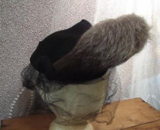  Vintage Black Wool w Veil and Mink Brim Hat Elders Dayton O