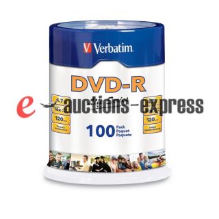 100 Pack Verbatim 16X DVD R Branded Blank DVDR Media Discs 4 7GB