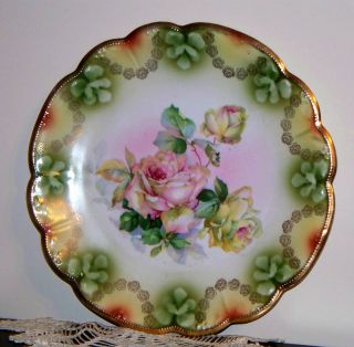 GERMAN12 Charger Plate with Hand Painted Pink Yellow Roses Scallop