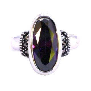 Elongated Faceted Amethyst Classic Cocktail Marcasite Sterling Silver