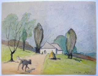 Watercolor Painting Swiss Edmond Henri Zeiger de Baugy Dog 1976 16x12