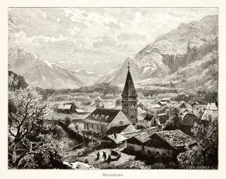 1891 Wood Engraving Meiringen Switzerland Swiss Reformed Church Spire