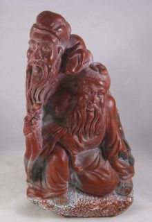 Antique Chinese Red Soapstone Carving Two Elders 19th Century
