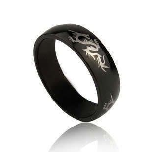 Engraved Dragon Black Titanium Mens Band Wedding Ring