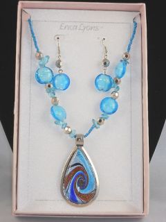 Erica Lyons Blue Artisan Glass Necklace Earrings Set