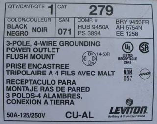 New Leviton 279 Power Outlet 3P 4W 50 Amp 125 250V