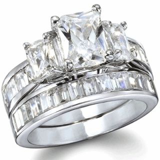 Emerald Cut CZ Silver Engagement Wedding Ring Set Sz 5