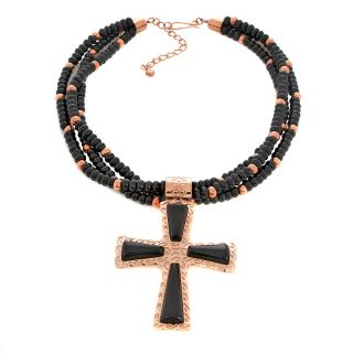 Black Agate Copper Cross Pendant with 18 Necklace