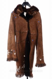 Giuliana Teso 10 M Fur Coat Brown Shearling Embroidery Fox Trim Suede