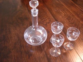 Antique Etched Glass Decanter with Three Glasses
