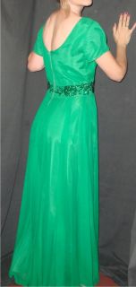  60S GREEN CHIFFON SEQUIN COCKTAIL PARTY DRESS GOWN MAD MEN EMMA DOMB M