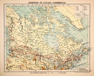1913 Print Color Map Canada Railway Export Trade Route Fur Timbe