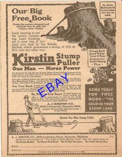 1917 Kirstin One Man Hand Stump Puller Ad Escanaba MI
