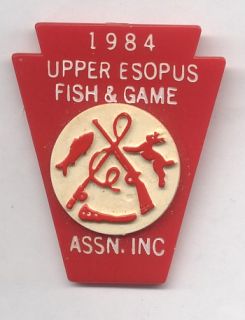 Upper Esopus Fish Game Pin 1984 Fish Trout Rifle Fishing Rod Deer Red