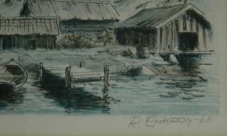 Small Work Lithograph Waterfront Village by R Eriksson