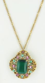 Spectacular Vintage Florenza Faux Emerald Necklace Pin