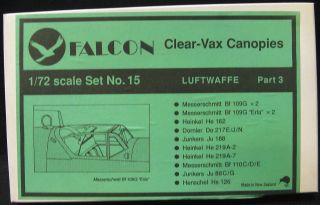 72 Falcon CLEAR VAX VACUFORM CANOPY SET FOR LUFTWAFFE AIRCRAFT *MINT