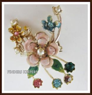  Enamel Rhinestone Pearl Pink Flower Bouquet Pin Brooch Costume Jewelry