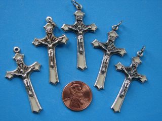  of 5 SMALL WHITE ENAMEL CRUCIFIX FOR ROSARY MAKING PARTS SUPPLIES NEW