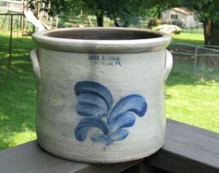 Antique Blue Decorated Stoneware Crock Signed Evan Jones