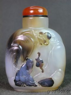 Eximious Chinese Elder Bat Carved Natural Agate Snuff Bottle