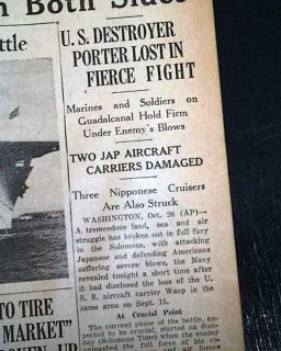 USS Wasp Carrier Guadalcanal Sinks 1942 WWII Newspaper