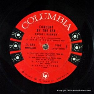 Record 33 RPM LP Erroll Garner Concert by The Sea CL 883 Columbia