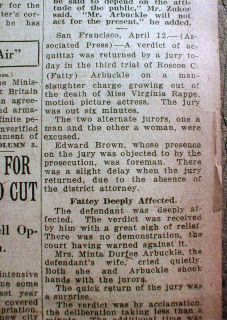 Best 1922 Headline Newspaper Fatty Arbuckle Acquitted of Virginia