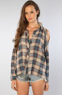 UNIF The Bare Shoulders Button Up Top in Blue Plaid