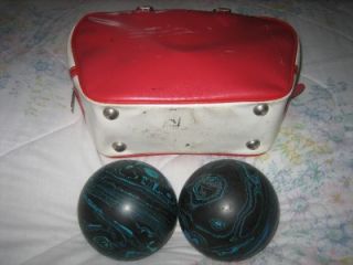 Vtg Pair Ebonite Duckpin 3 A Bowling Balls 2 Black Blue w Vtg Bag Red