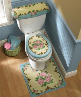 Victorian Blue Bathroom Commode Set w Pink Rose Design