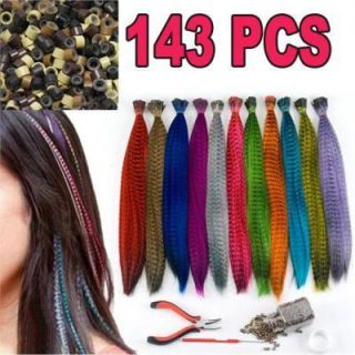 143 Pcs Grizzly Synthetic Feather Hair Extension Free Kit Tool 200