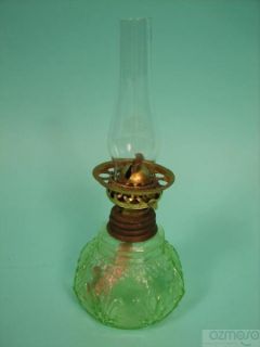  Antique Miniature Vaseline Glass Oil Lamp wMatching Shade Fleur de Lis