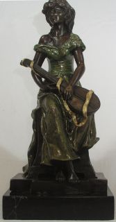 Female Lute Musician Girl Bronze Sculpture Statue Color