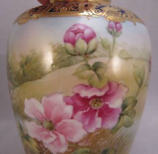  Cobalt Scenic Vase with Pink Flowers Heavy Gold Maple Leaf 52