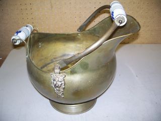 Vintage Brass and Copper Ash Bucket with Porcelain Handles