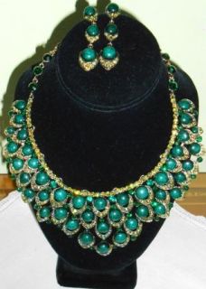  Faux Emerald Crystal Cascading Bib Necklace Chandelier Earrings