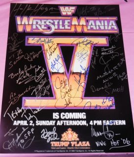 WWE Autographed Wrestlemania V 5 Poster Hulk Hogan Bret Hart Promo WWF