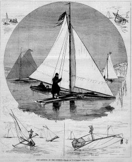Ice Yachting on Hudson Rearing Antique Print Ice Boat
