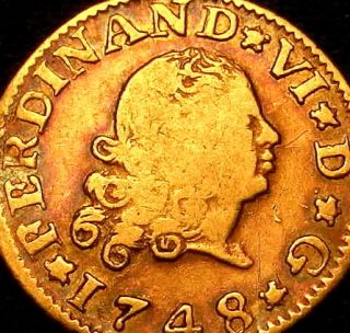 FERDINAND VI 1$ GOLD COIN 1748 SPANISH GOLD HALF ESCUDOS DOUBLOON 22K