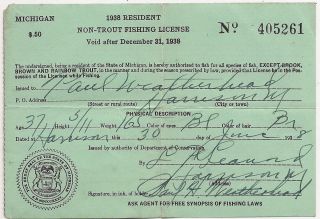 1938 Michigan Resident Non Trout Fishing License