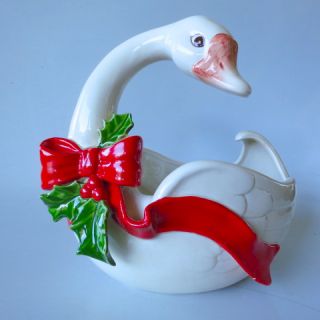 Vintage 1983 Fitz Floyd Ceramic Swan Christmas Bowl Dish Retired